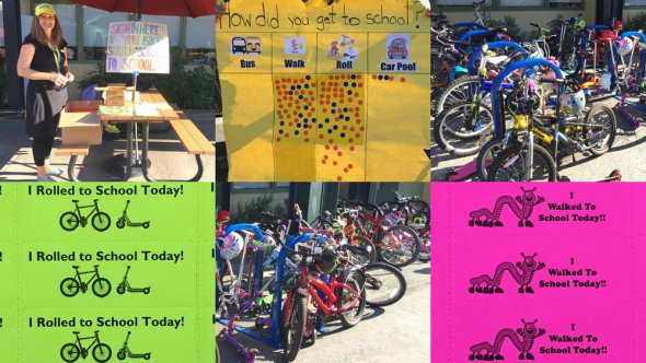 Collage of bikes and signs at school