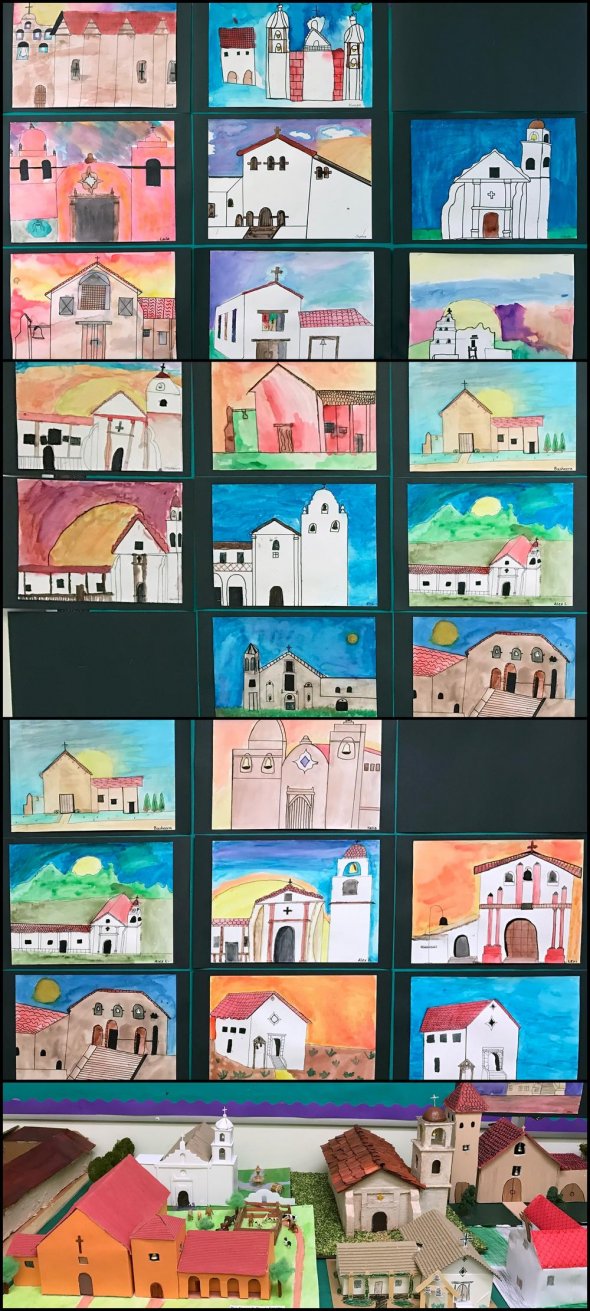 Collage of students drawings of California Missions