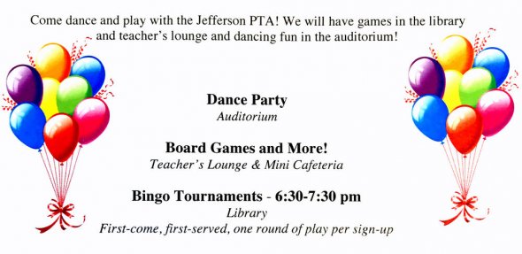 Flier for family game night and dance party 2018 