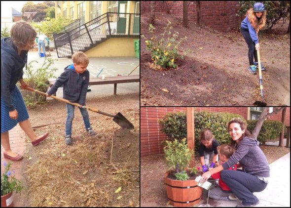 Collage of students and adults doing gardening activities 