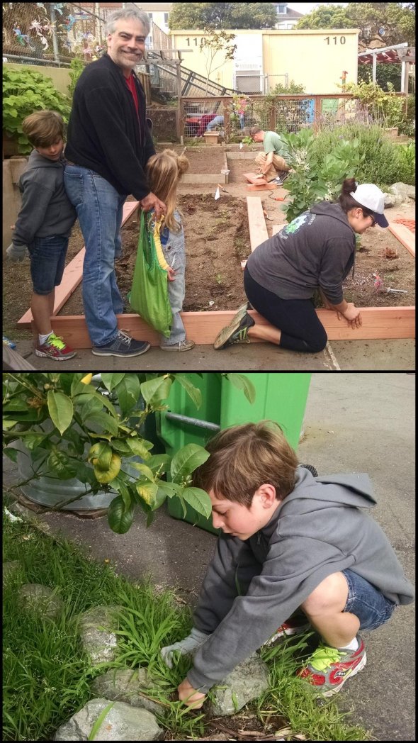 Collage of students and teachers doing gardening activities