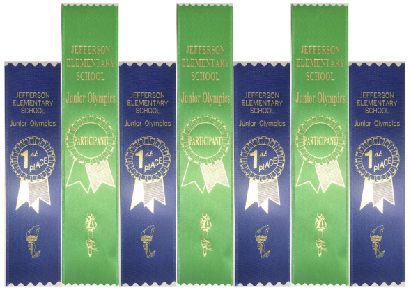 Seven award ribbons from school event