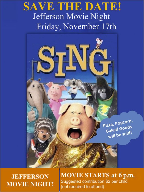 Poster for Jefferson movie night 2017 featuring "Sing"
