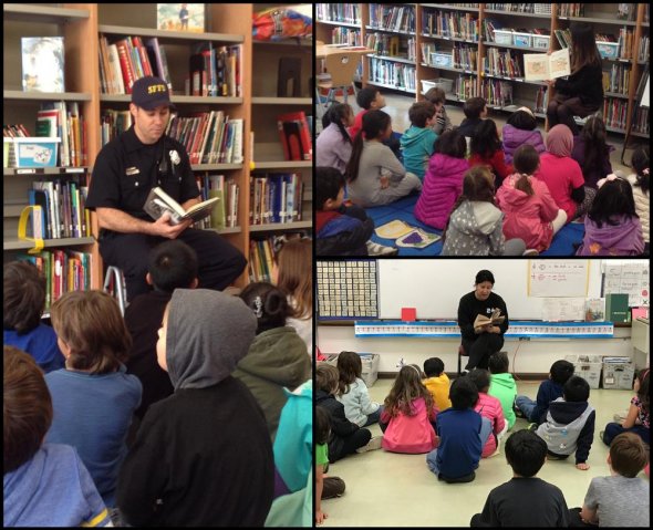Collage of community volunteers reading to students