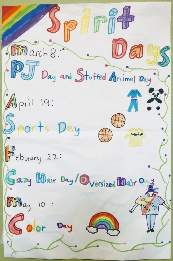 Student drawn poster showing school spirit days