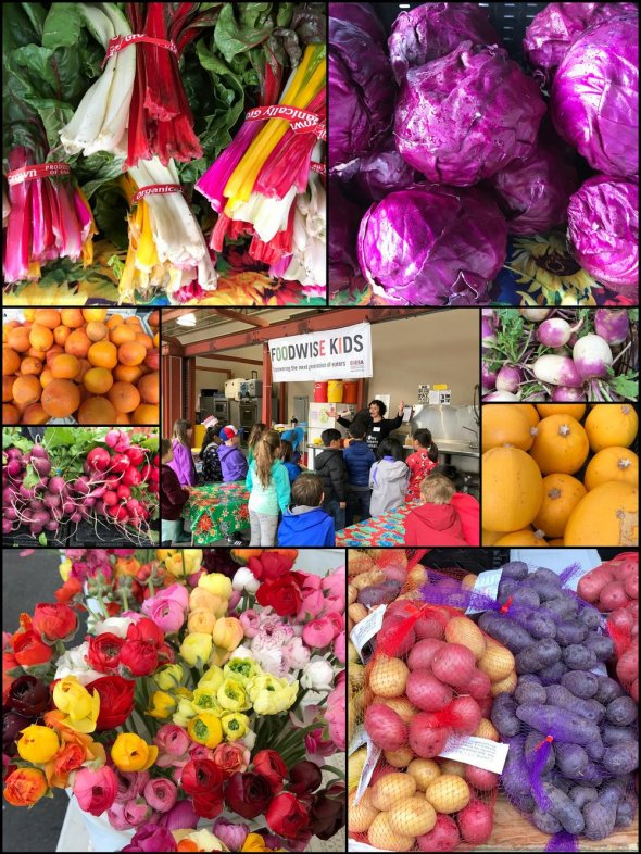 Collage of produce, flowers and students at a farmers market