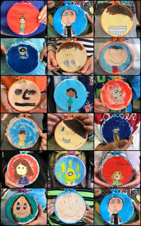 Collage of 18 tree ornaments made by third graders