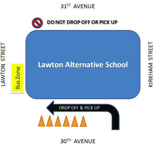 Diagram of Lawton Student Drop-off and Pick-up Procedures. 