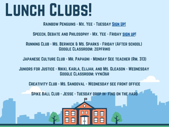 Image with a list of lunch clubs and access info for each club. 