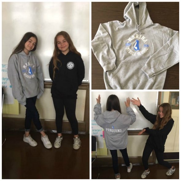 Collage with students modeling grey and blue Marina hoodies