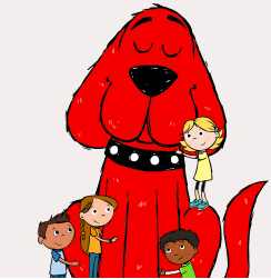 Clifford the big red dog hugging kids