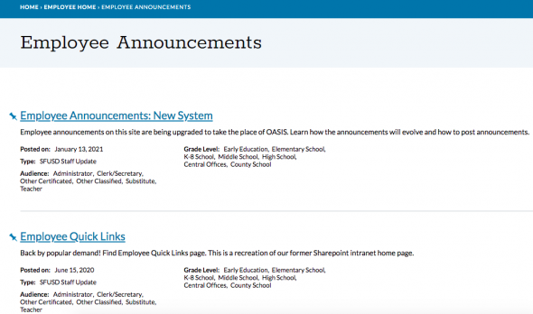 Screen Shot of Employee Announcements page
