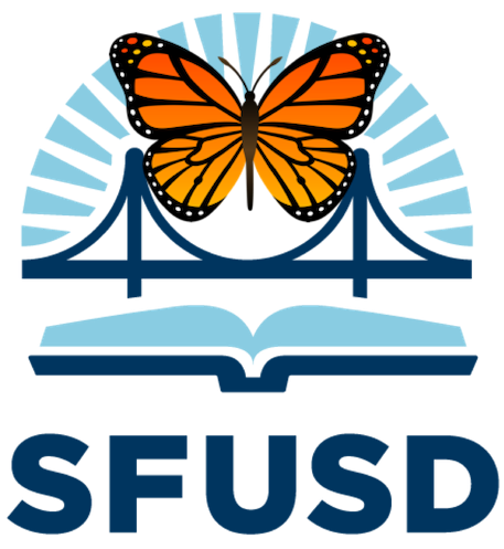 SFUSD blue logo with orange butterfly superimposed on it