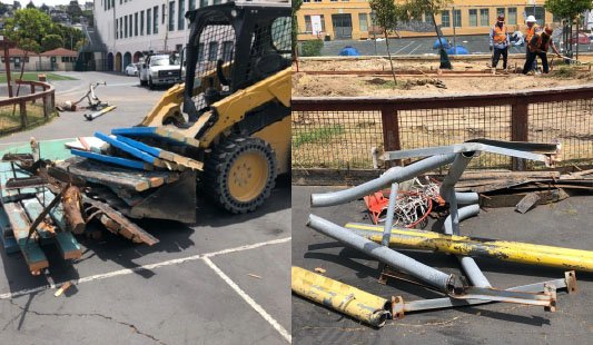 Demolished benches and basketball hoops