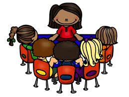 colorful drawing of students sitting around a teacher in a small group