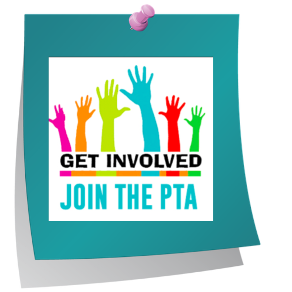 blue green post it with "join the pta" words and upstretched arms