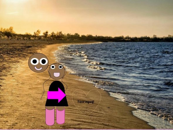Girl in a black dress and pink tights walking on the beach with a balloon