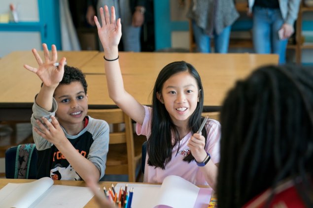 Two students raising their hands