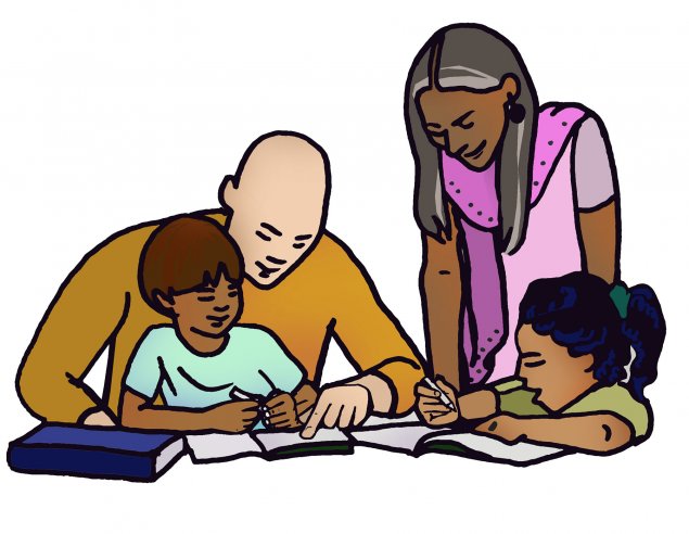 Four family members, two adults and two children, working on homework
