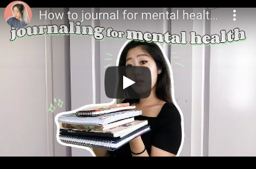 Video icon with person holding notebooks and text that reads: Journaling for mental health