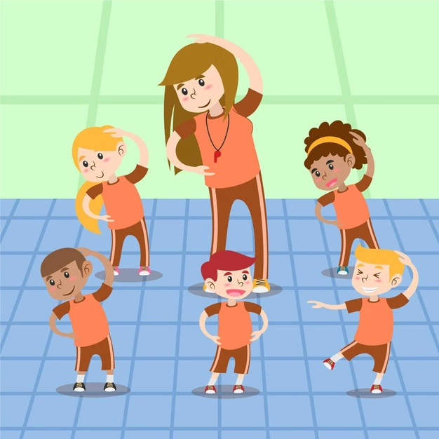 Cartoon of PE teacher and elementary students stretching 