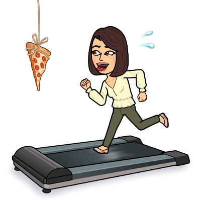 Bitmoji on treadmill chasing a slice of pizza