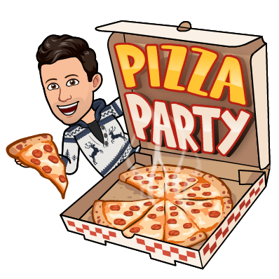 Bitmoji holding slice of pizza with text 'pizza party'
