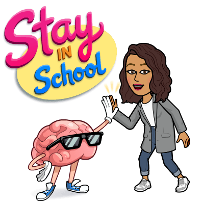 Bitmoji giving high-five to a cartoon brain with text "Stay In School"