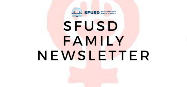 SFUSD Family Newsletter March 2022 banner with image of pink universal female symbol