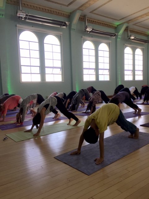 A class of students doing yoga