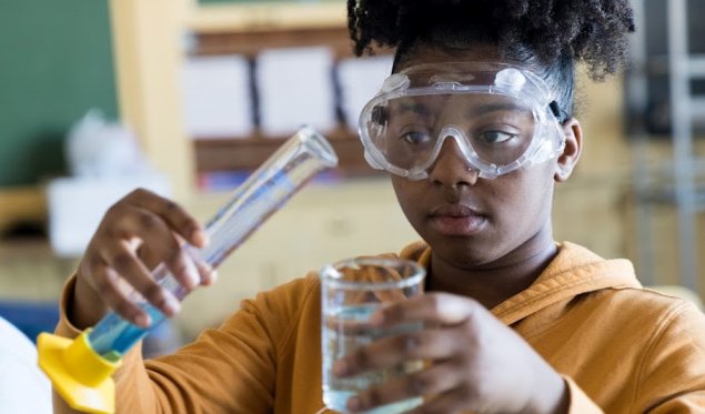 Student pouring from a graduated cylinder to a beaker