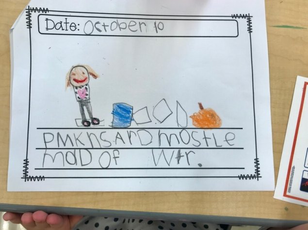 Kindergarten writing sample: Pumpkins are mostly made of water
