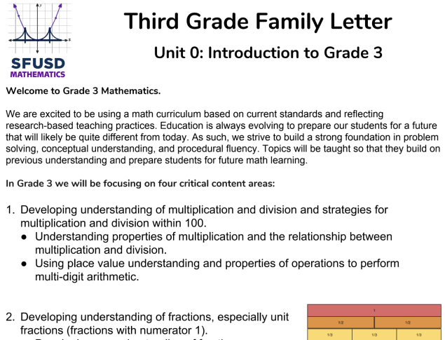 Family letter for grade 3 unit 0 math
