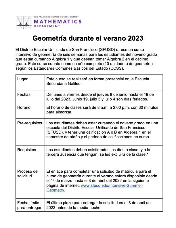 Summer Geometry 2023 Flyer in Spanish