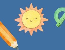 cartoon picture of sun, pencil and ruler