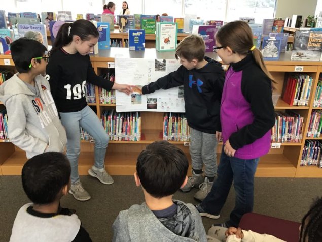 4th-grade students presenting to a small group of classmates