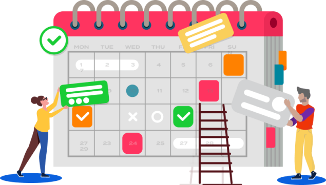 cartoon image of a calendar with two people adding events