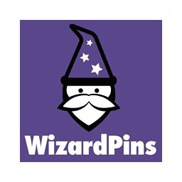 Wizard Pins logo purple background with a bearded man and a wizard's hat