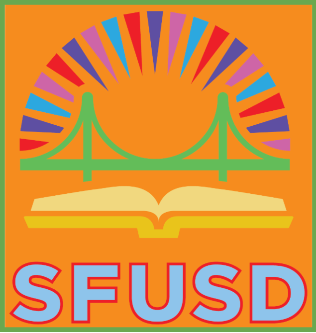 orange square with simplified green bridge and a yellow book with the letter SFUSD at the bottom