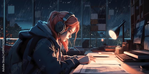 Peach haired girl with headphones studying with a lamp on.