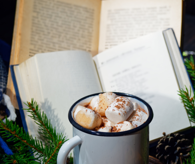 Book and mug of hot chocolate with marshmellows 