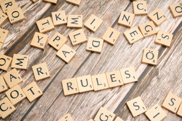Word tiles and one that says rules 
