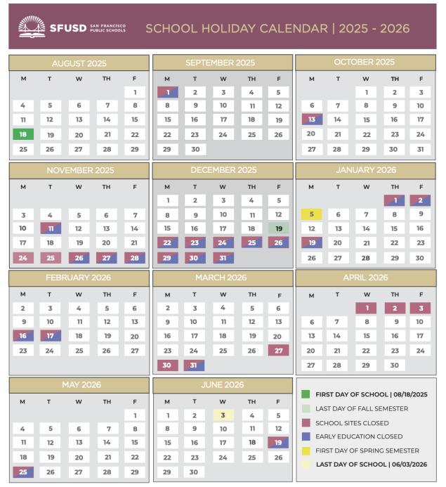 Image of SFUSD holiday calendar