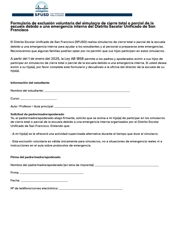 SPANISH San Francisco Unified School District Lockdown Drill Opt-Out Form