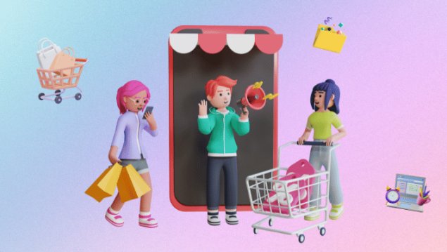 Graphic of three people shopping