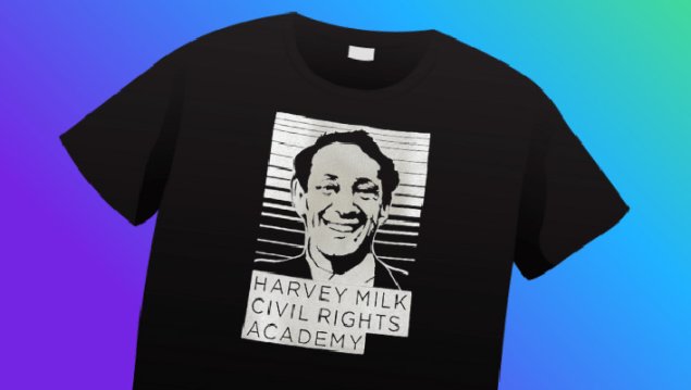 Black t-shirt with a graphic of Harvey Milk and the words "Harvey Milk Civil Rights Academy"