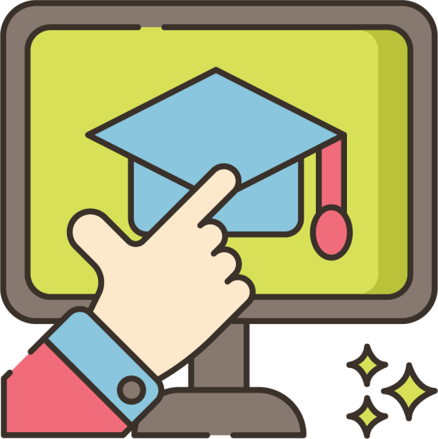 Illustration of a hand pointing to a monitor showing a graduation cap