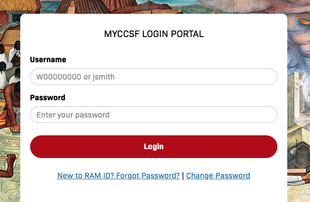 Screenshot of MyCCSF Login Portal with fields Username and Password
