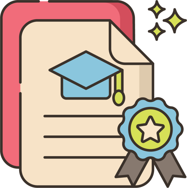 Illustration of a certificate paper with a graduation cap and a seal with ribbon and a cover in the back