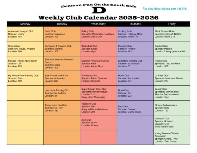 Grid showing weekly clubs offered